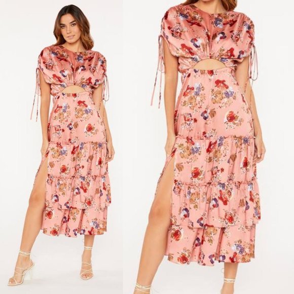 Cinq à Sept Martine Silk Cut-out Midi Dress Sz 10 Bare Rose Floral Tiered Skirt - Picture 1 of 10